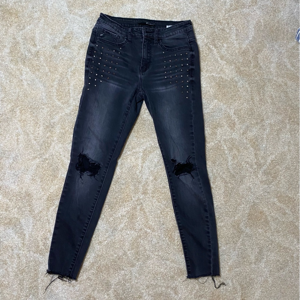 KanCan Distressed High Waisted Black Studded Jeans 7 - Picture 3 of 11